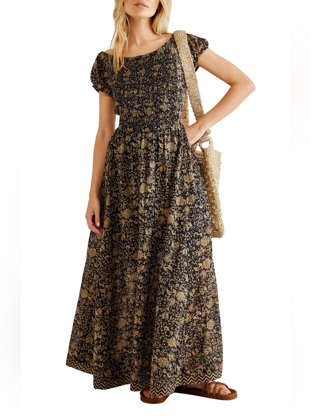 Free People Ultraviolet Boho Floral Bateau Neck Cotton Flowy Maxi Dress Sz XS